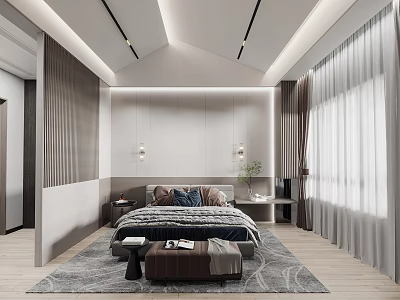 Modern Bedroom Interior Design With Bed Nightstands Rug Curtains And Pendant Lights 3d model