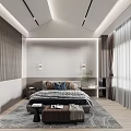 Modern Bedroom Interior Design With Bed Nightstands Rug Curtains And Pendant Lights