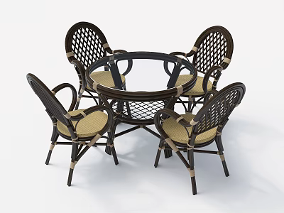 Rattan Table and Chair Set with Round Black Table and Four Beige Seats 3d model