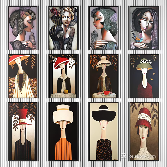 Artistic Portrait Paintings With Various Hats Stylish Attire And Unique Designs 3d model 