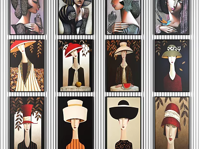 Artistic Portrait Paintings With Various Hats Stylish Attire And Unique Designs 3d model