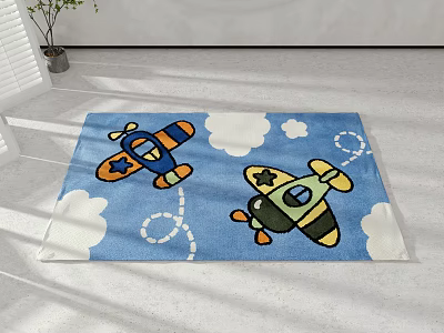 Cartoon Kids Square Carpet With Airplane And Cloud Patterns On Blue Background 3d model