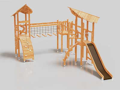 Outdoor Wooden Playground Equipment with Slide Climbing Net and Thatched Roofs 3d model