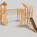 Outdoor Wooden Playground Equipment with Slide Climbing Net and Thatched Roofs