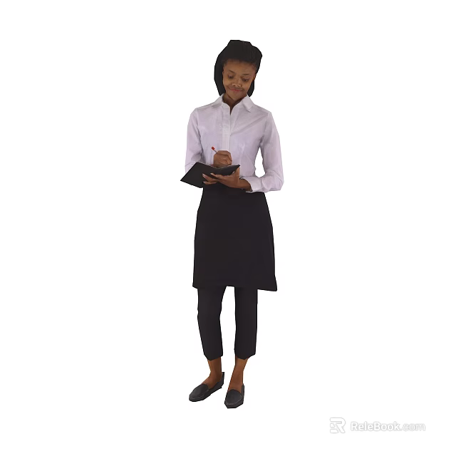 Woman Standing In White Shirt And Black Apron Holding Notebook And Writing With Pen 3d model 