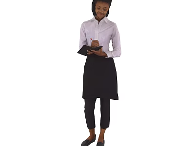 Woman Standing In White Shirt And Black Apron Holding Notebook And Writing With Pen 3d model