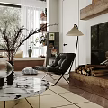 Modern Living Room Interior With Fireplace Leather Chair Marble Coffee Table And Floor Lamp