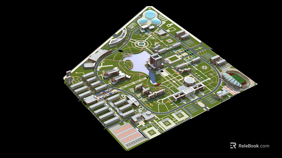 Aerial View Planning of Modern Campus with Buildings Green Areas Water Body and Roads 3d model 