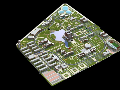 Aerial View Planning of Modern Campus with Buildings Green Areas Water Body and Roads 3d model