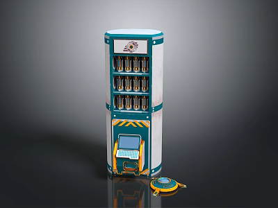 Teal And White Vertical Vending Machine With Multiple Shelves Digital Screen And Warning Strips 3d model