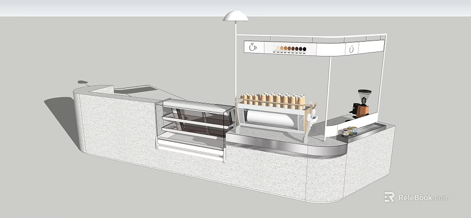 Modern Bar Counter Design With Glass Display Case Rows of Cups And Coffee Machine 3d model 