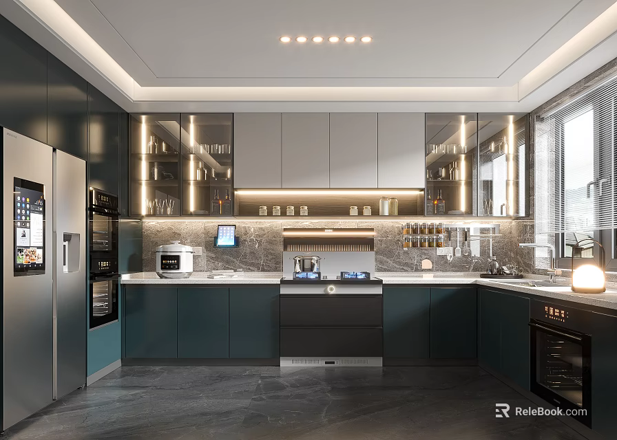 Modern Open Kitchen Interior With Island Counter Cabinets And Appliances 3d model