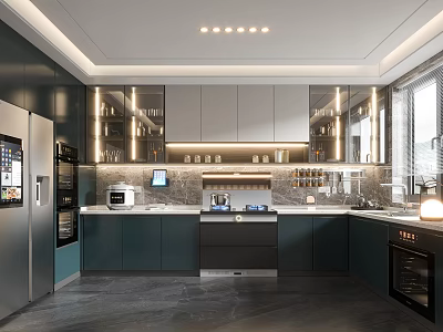 Modern Open Kitchen Interior With Island Counter Cabinets And Appliances 3d model