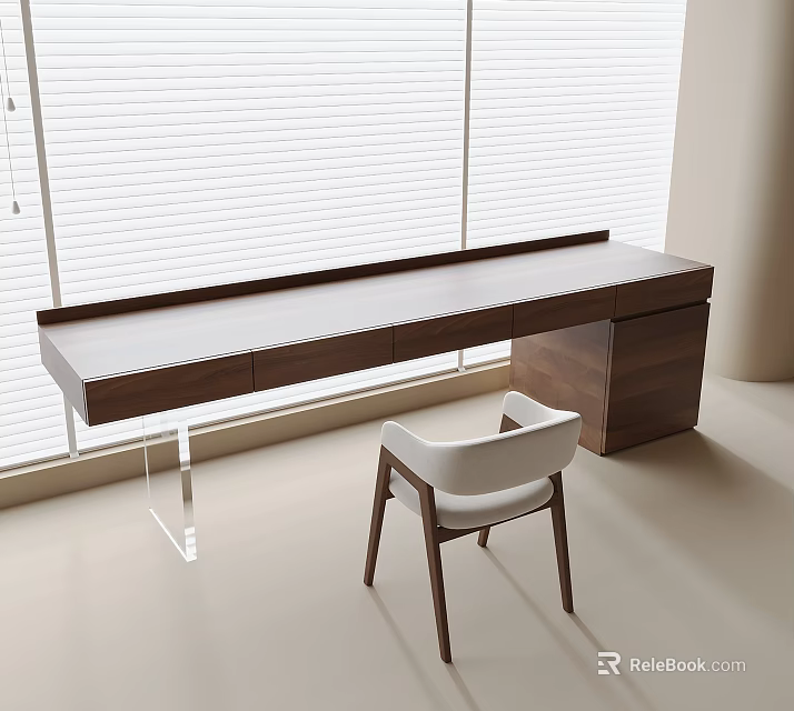 Modern Wooden Desk With Drawers Cabinet And Chair By Window 3d model 
