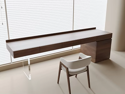 Modern Wooden Desk With Drawers Cabinet And Chair By Window 3d model