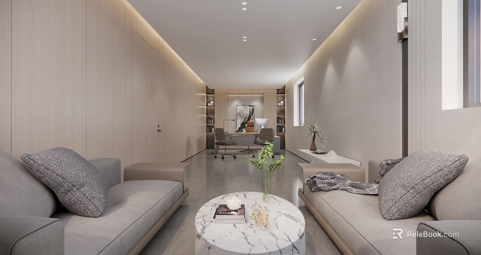 Modern Office Interior With Sofas Marble Coffee Table Bookshelves And Work Desk 3d model 