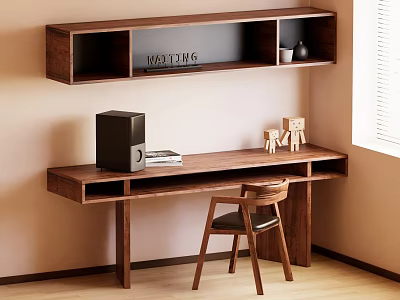 Modern Wooden Desk with Black Speaker Books and Wooden Figurines Plus Wall Shelf 3d model