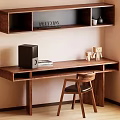 Modern Wooden Desk with Black Speaker Books and Wooden Figurines Plus Wall Shelf