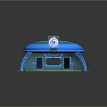 Blue Round Trampoline With Green Base Blue Legs Small White Logo And Yellow Glow