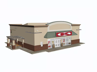 Retail Building Exterior With Green Awning Red Logo And Covered Entrance 3d model