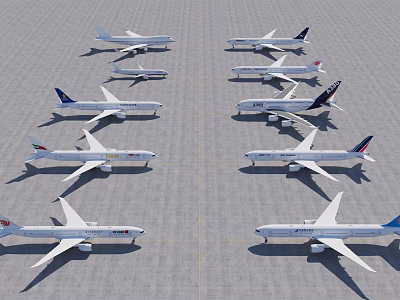 Multiple Passenger Planes Neatly Lined Up In Rows On Airport Tarmac 3d model