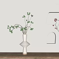 Modern Geometric Vases With Green And Red Berries On Wooden Shelf Against White Wall