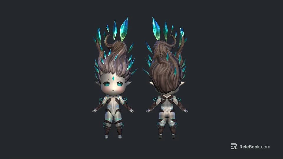 Male Elf Character Front and Back Views With Crystal Hair Blue Eyes Silver Outfit 3d model 
