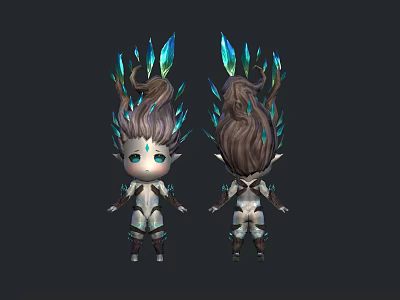 Male Elf Character Front and Back Views With Crystal Hair Blue Eyes Silver Outfit 3d model