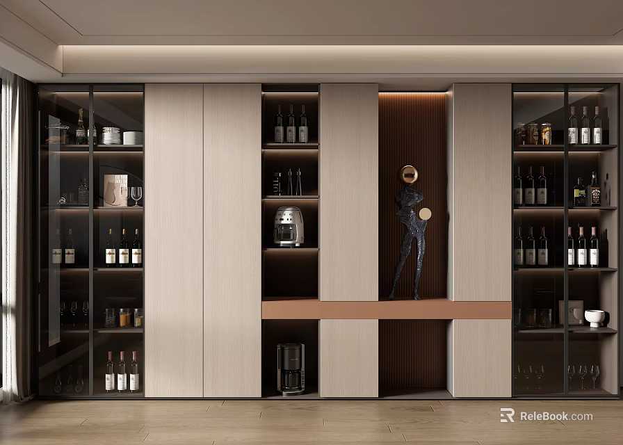 Modern Wine Cabinet Interior Design With Glass Doors And Wine Bottle Display Items 3d model 