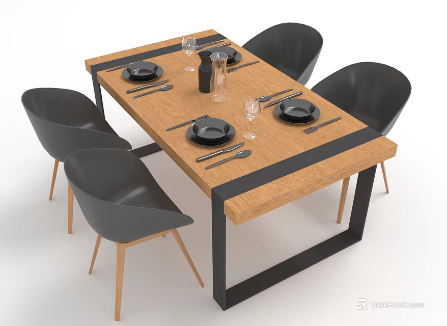 Modern Dining Table Set With Wooden Tabletop Black Metal Frame And Four Black Chairs 3d model 