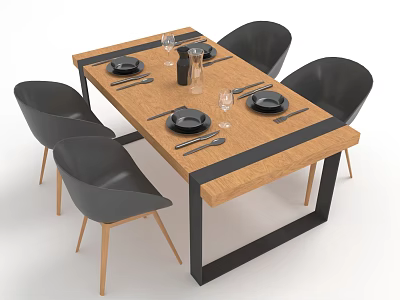 Modern Dining Table Set With Wooden Tabletop Black Metal Frame And Four Black Chairs 3d model