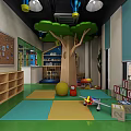 Colorful Kindergarten Classroom with White Tables Chairs Bookshelves and Playful Toys