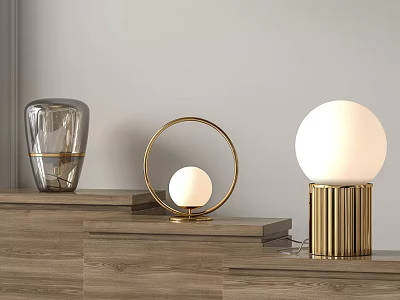 Elegant Gold Table Lamps With White Globe And Circular Base On Wooden Surface 3d model