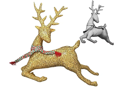 Golden Glitter Reindeer Hanging Decoration With Colorful Scarf And 3D Wireframe Design 3d model