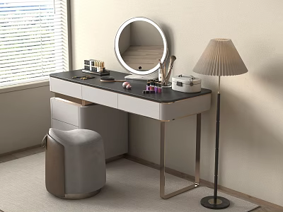 Modern Dressing Table With Round Mirror Floor Lamp And Cosmetics On Black Countertop 3d model