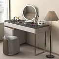 Modern Dressing Table With Round Mirror Floor Lamp And Cosmetics On Black Countertop