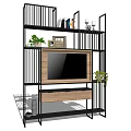 Multi Tiered TV Shelf Unit With Wooden Shelves Black Metal Frame And Potted Plants
