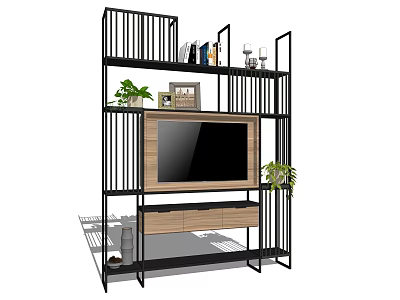 Multi Tiered TV Shelf Unit With Wooden Shelves Black Metal Frame And Potted Plants 3d model