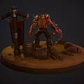 Horned Fantasy Warrior Character Wielding Axe With Barrels Banner And Stones On Diorama Base