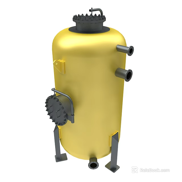 Yellow Industrial Tank Equipment With Black Top Side Pipes Bottom Brackets And Gear Mechanism 3d model 