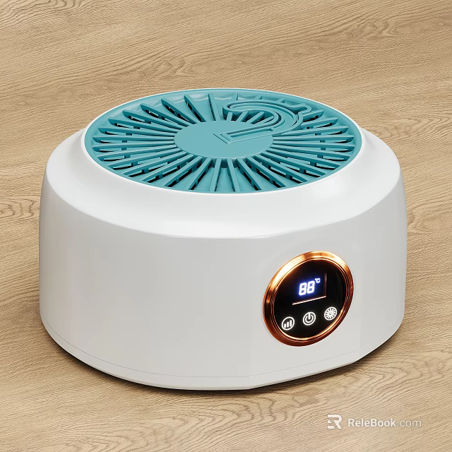 White Round Washing Machine With Blue Grille And Digital Display On Wooden Floor 3d model 