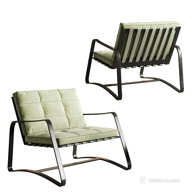 Light Green Cushioned Leisure Chair With Metal Frame And Striped Backrest Modern Design 3d model 