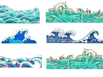 Decorative Ocean Wave Carving Art with Multiple Blue Green Designs and Swirling Patterns 3d model