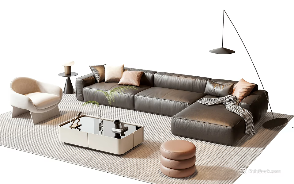 Black Leather Sofa And White Coffee Table Set With Pillows Ottoman And Floor Lamp 3d model 
