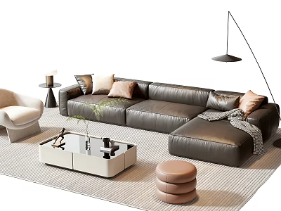 Black Leather Sofa And White Coffee Table Set With Pillows Ottoman And Floor Lamp 3d model