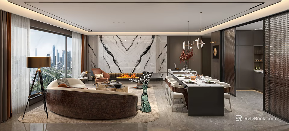 Modern Living and Dining Room Interior With Marble Wall Fireplace Sofa And Dining Table 3d model 