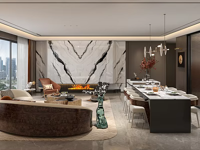 Modern Living and Dining Room Interior With Marble Wall Fireplace Sofa And Dining Table 3d model