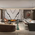 Modern Living and Dining Room Interior With Marble Wall Fireplace Sofa And Dining Table