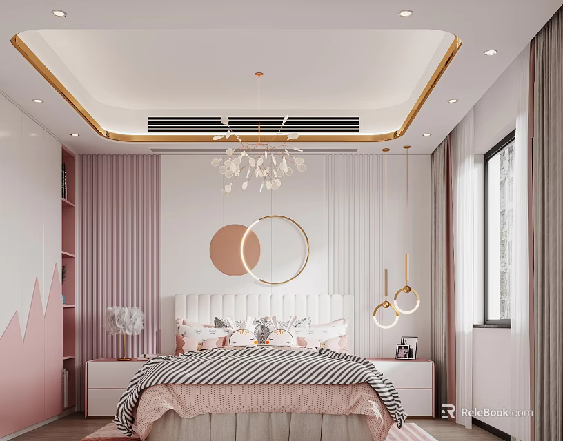 Modern Bedroom Interior With Pink White Striped Walls Gold Trim Ceiling And Chandelier 3d model 