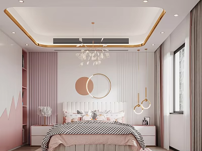 Modern Bedroom Interior With Pink White Striped Walls Gold Trim Ceiling And Chandelier 3d model